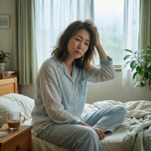 梅雨の朝に体の重さを感じながら静かに過ごす女性