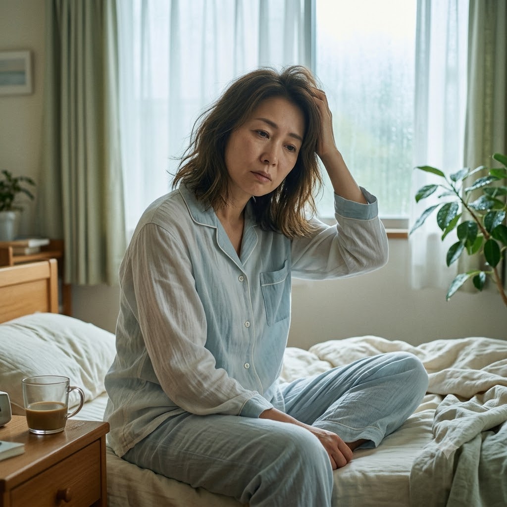 梅雨の朝に体の重さを感じながら静かに過ごす女性