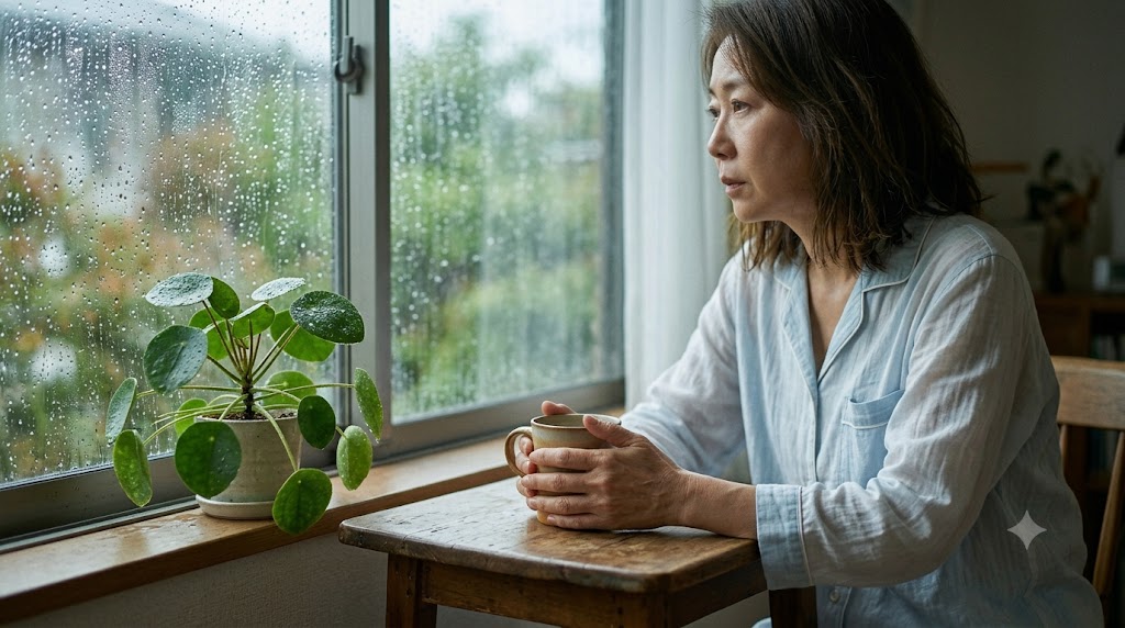 梅雨の湿気と雨粒を感じる窓辺の風景