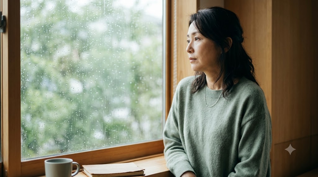 梅雨の雨を眺めながら少し疲れて落ち込んだ表情を見せる女性