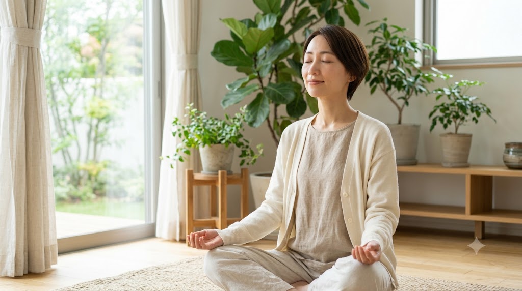 深呼吸をしながら心と体を整え、疲れをため込まない習慣を実践する女性