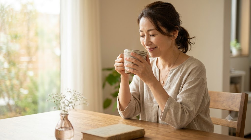 温かい飲み物を飲みながら気分をリラックスさせている女性