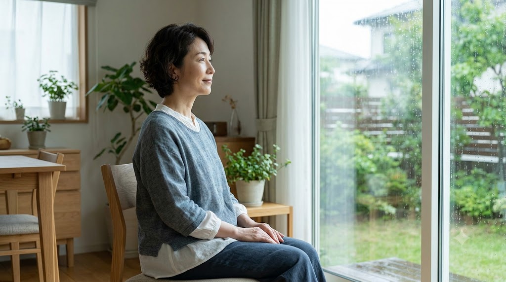 湿気の多い日に体の重さを感じながら窓辺で過ごす女性