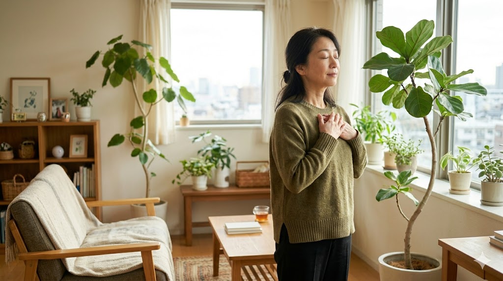 肩の力を抜いて深呼吸する40代女性。体の声に耳を傾けながら、自分をいたわる時間を過ごしている様子
