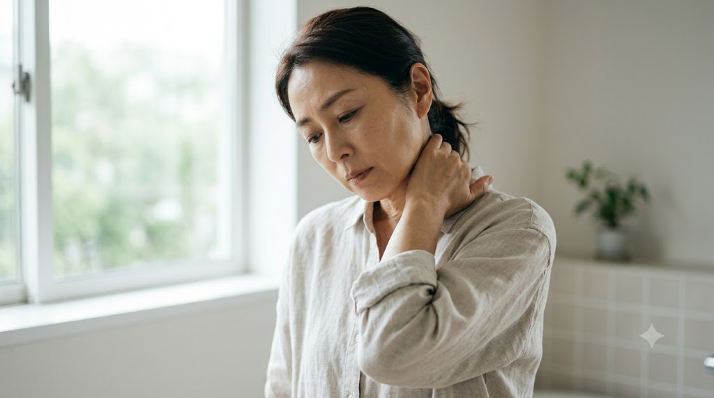 首や肩に力が入り無意識に体が緊張し気分が落ち込んでいる女性