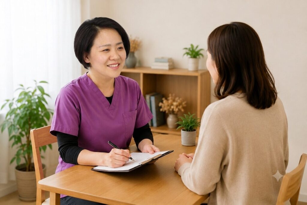 カウンセリングで丁寧に話す女性施術者とクライアント