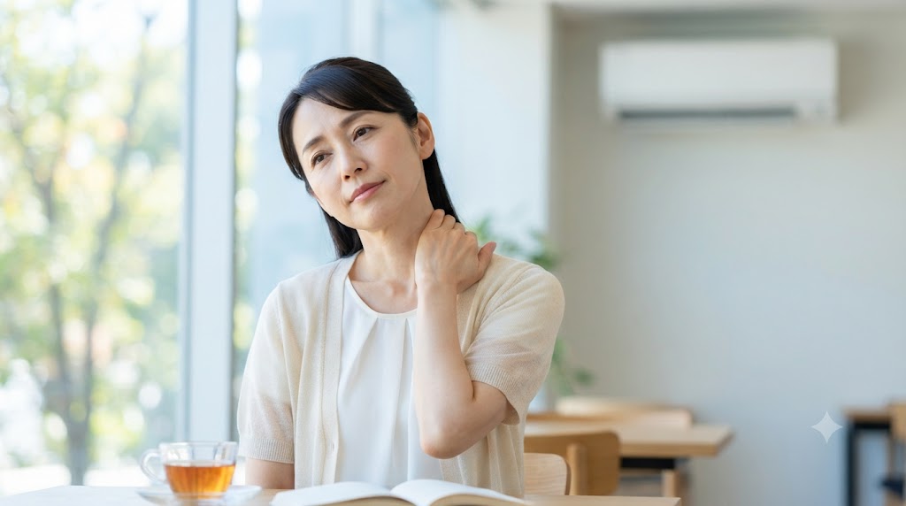 冷房の効いた室内で首や肩の重だるさを感じる女性。夏の寒暖差による首こり・肩こりをイメージした写真