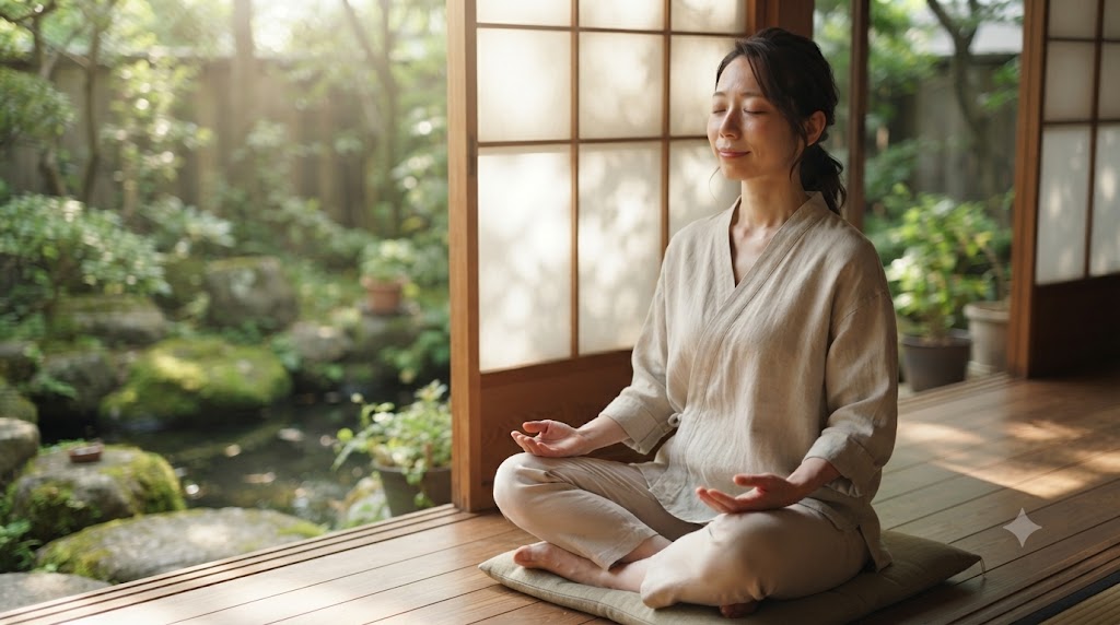 夏の朝、深呼吸をしながら肩の力を抜き、自分の体と静かに向き合う女性の様子。心と体を整える時間をイメージした写真。