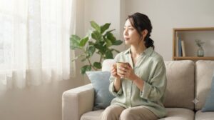 夏の朝、疲れた様子で温かい飲み物を持ちながら静かに過ごす女性。休んでも疲れが取れない状態をイメージした写真。