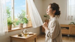 夏の朝、窓辺で深呼吸をしながら心と体を整え、8月を穏やかに迎えるイメージ