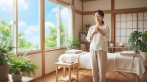 夏の疲れを感じた女性が、明るい鍼灸院で心と体を整えながら穏やかに過ごしている様子
