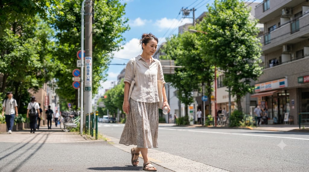 強い日差しの中を歩き、夏の暑さで体に負担がかかる様子