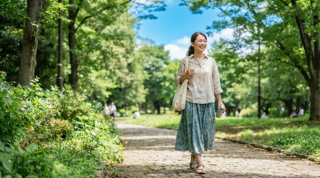 心と体が整い、夏の散歩を気持ちよく楽しむ女性