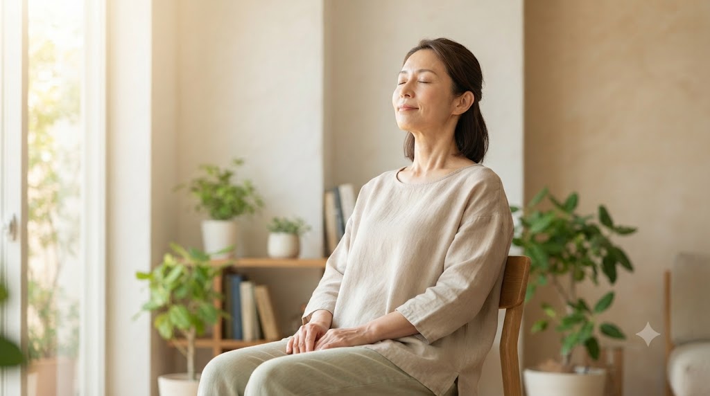 朝の光の中で深呼吸しながら全身の力を抜いてリラックスする女性
