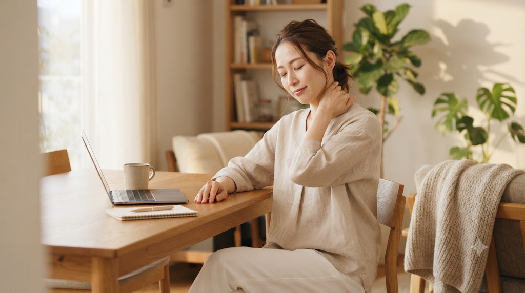 椅子に座り、肩に手を添えながら疲れに気づく女性