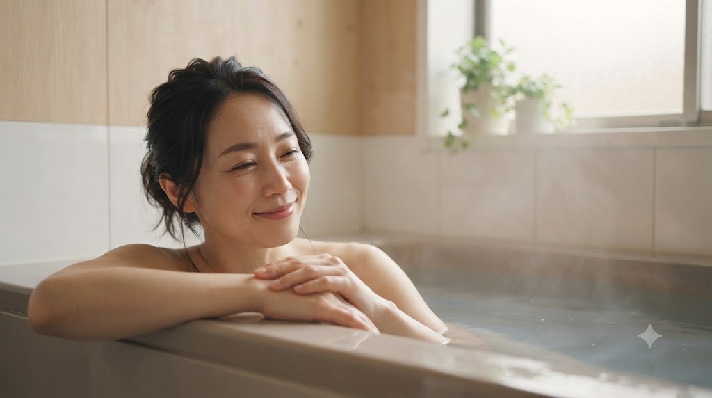 湯船に浸かって全身を温めながらリラックスする女性。夏の冷房で緊張した体を緩めるセルフケアのイメージ