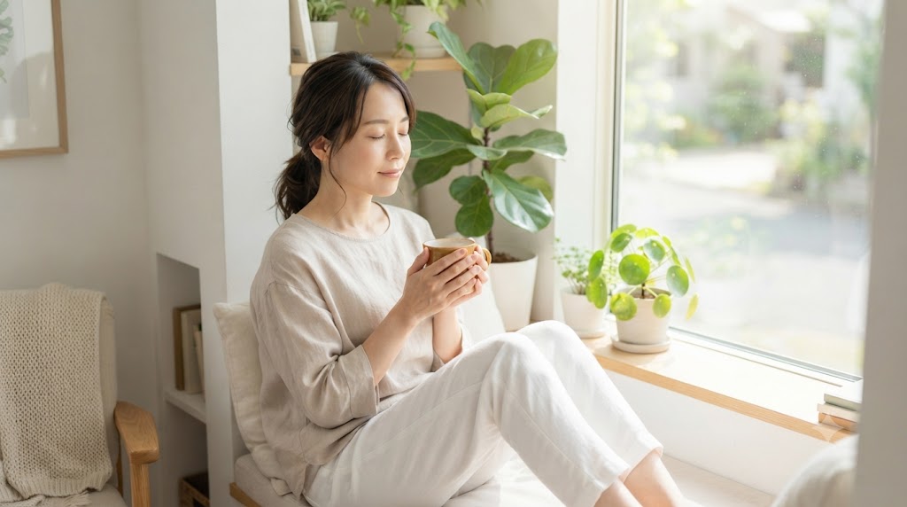 窓辺で温かい飲み物を手に、自分の体の声に耳を傾けながら穏やかな時間を過ごす女性