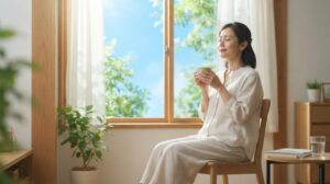 窓辺で温かい飲み物を飲みながら深呼吸し、夏の疲れをゆっくり整える女性