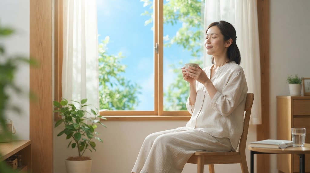 窓辺で温かい飲み物を飲みながら深呼吸し、夏の疲れをゆっくり整える女性