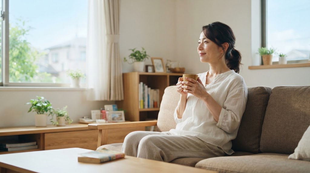 お盆休みの疲れを癒やしながら自宅でゆっくり過ごす女性