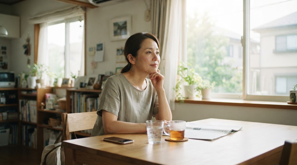 お盆明けの朝に体の重さや疲れを感じて休んでいる女性