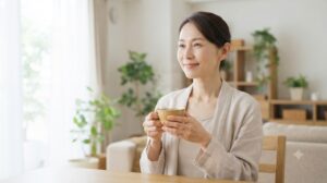 冷房の効いた室内で温かい飲み物を飲みながら体をいたわる女性