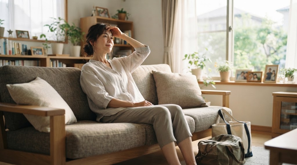 夏の帰省や旅行から帰宅して移動の疲れを感じている女性