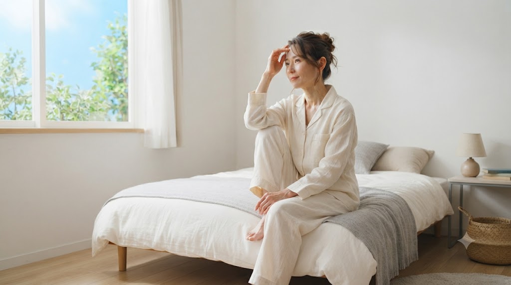 夏の朝、体の疲れに気づき静かに過ごす女性