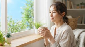 夏の朝、窓辺で温かい飲み物を手にひと息つきながら体をいたわる女性