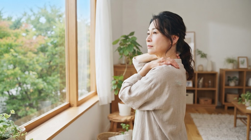 夏の疲れが残る体の状態に気づく女性