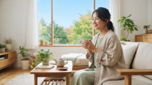 夏の終わりに温かい飲み物を飲みながら体をいたわる女性