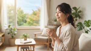 夏の終わりに温かい飲み物を飲みながら秋を迎える準備をする女性