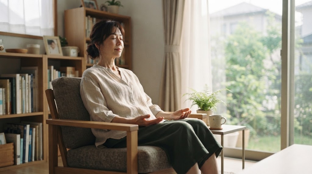 忙しい日常の中で短い休息をとり自分の体の状態に目を向ける女性