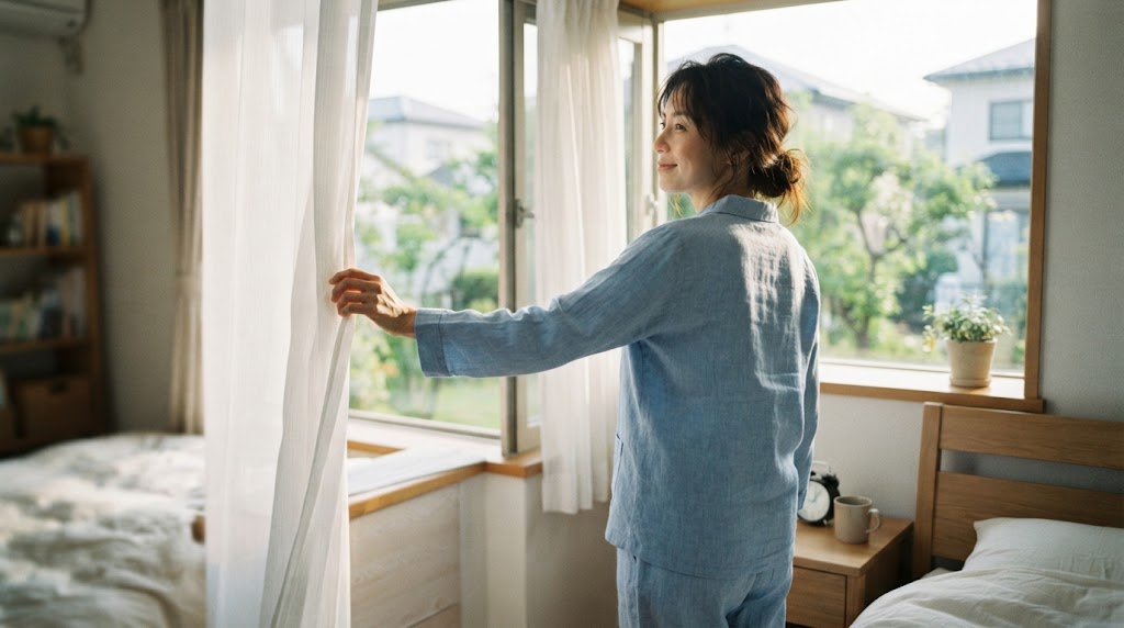 朝の光を浴びてお盆明けの生活リズムを整える女性