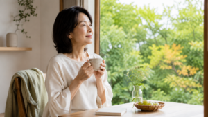 季節の変わり目に窓辺で温かい飲み物を飲みながら穏やかに過ごす女性