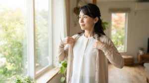 朝晩の寒暖差に備えて薄手のカーディガンを羽織る女性