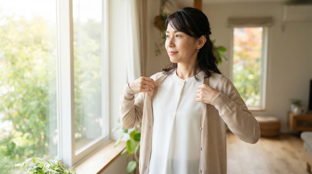 朝晩の寒暖差に備えて薄手のカーディガンを羽織る女性