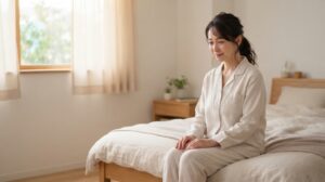 秋の朝、目覚めてもすっきりせずベッドに腰掛ける女性