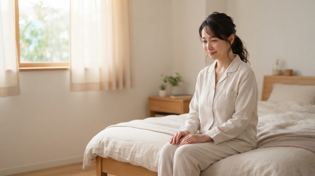 秋の朝、目覚めてもすっきりせずベッドに腰掛ける女性