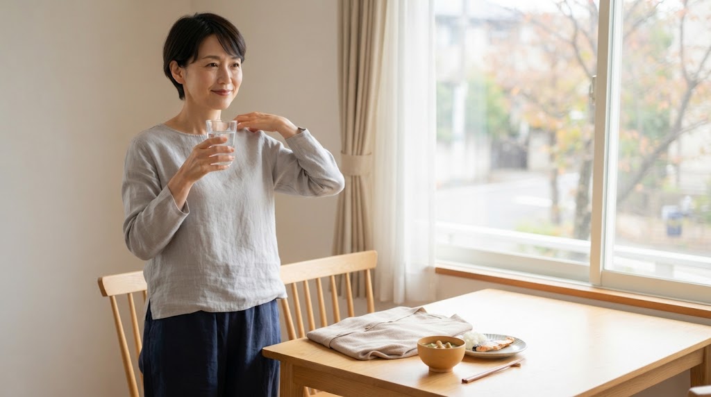 秋の朝に水分を摂り、肩をゆっくり動かして体を整える女性