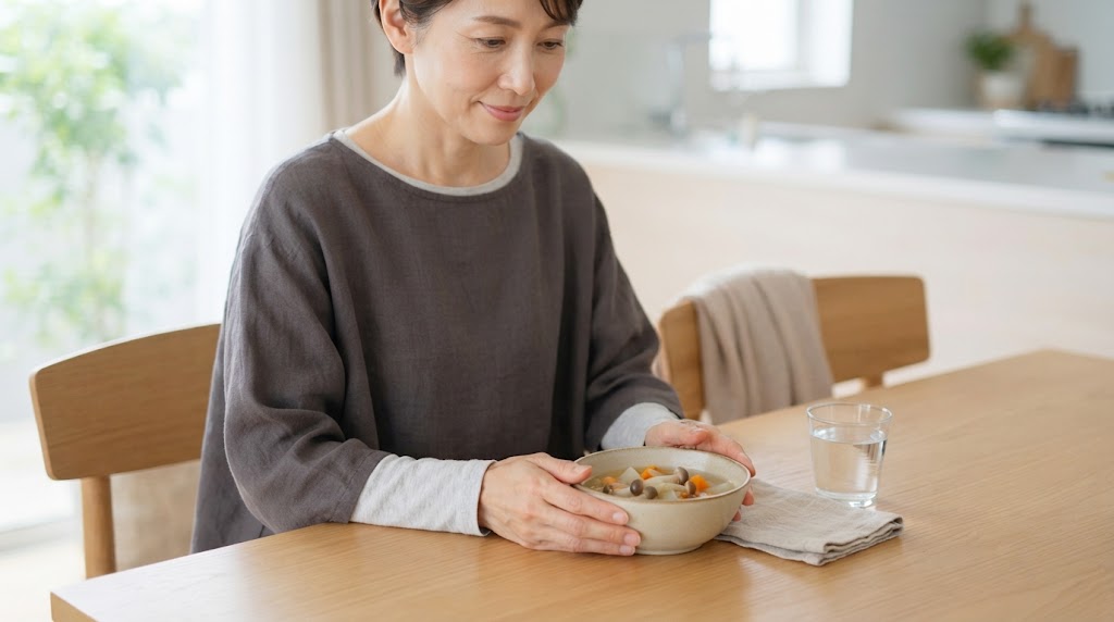 秋口の体調管理のため、水分と温かい食事を取る女性