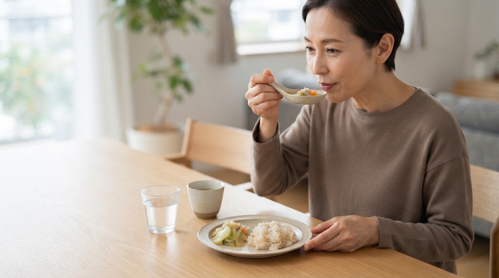 胃腸の調子に合わせ、少量の温かな食事をゆっくり食べる女性