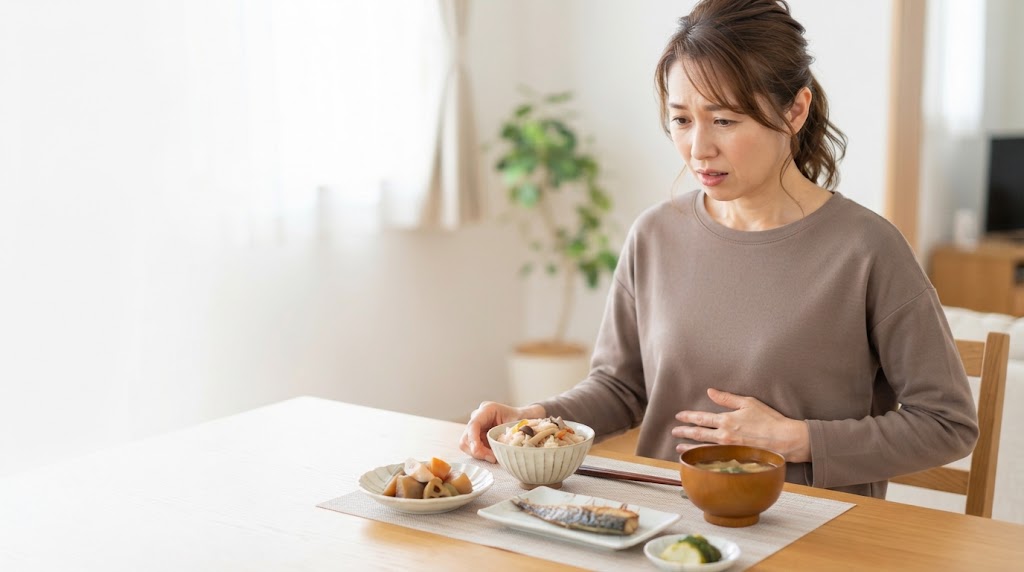 食欲の秋に胃の重さを感じ、食事の手を止める女性