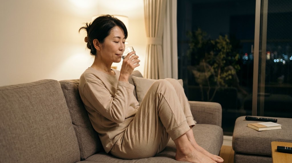 入浴後に水分をとりながらゆっくり過ごす女性