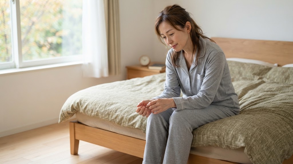 寝ても疲れが取れず秋の朝にだるさを感じる女性