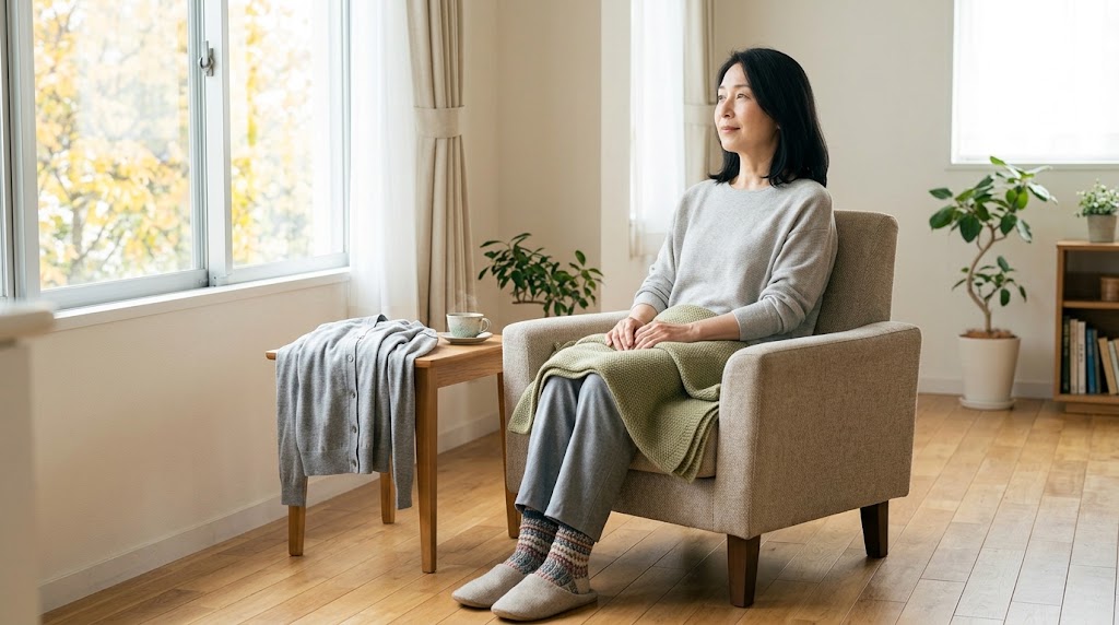 更年期のほてりと足元の冷えに合わせて服装を調整する女性