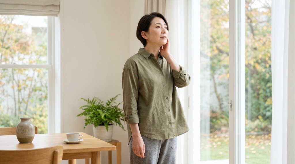 更年期のホットフラッシュで顔や首のほてりを感じる女性
