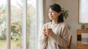 秋の冷えを感じる朝に温かい飲み物を持つ女性