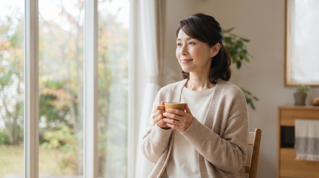 秋の冷えを感じる朝に温かい飲み物を持つ女性