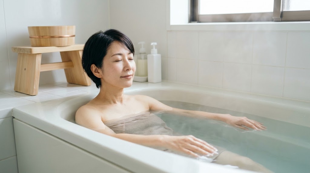秋の冷え対策として熱すぎない湯船につかる女性